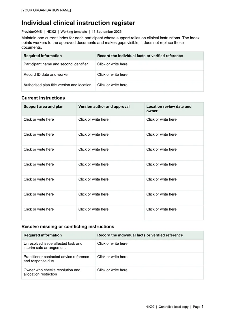 Individual clinical instruction register — High-Intensity & Complex Care Kit document sample