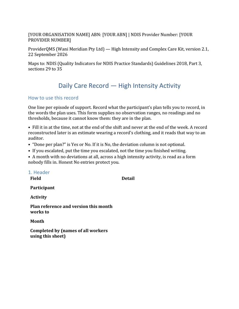 Daily care record — High-Intensity & Complex Care Kit document sample
