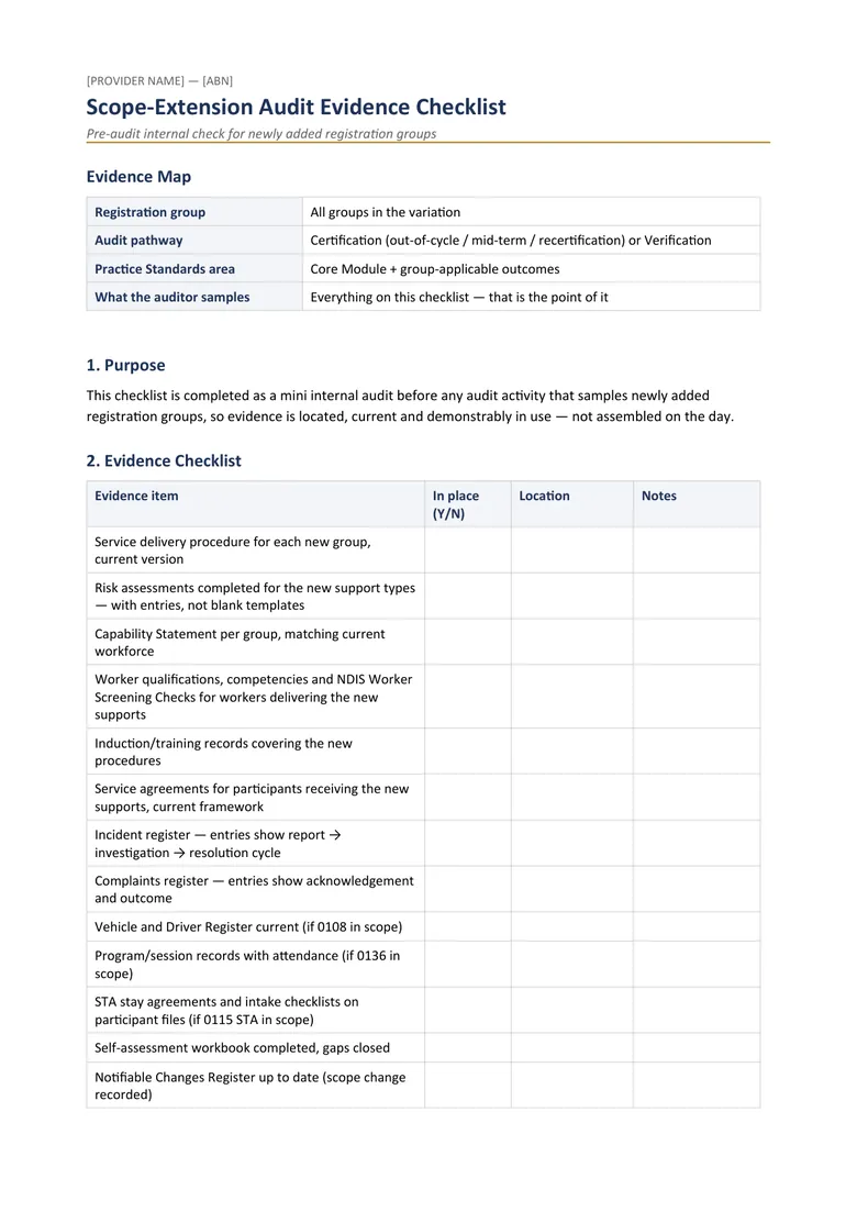 Scope extension audit evidence checklist — Registration Scope Completion Pack document sample Scope extension audit evidence checklist — Registration Scope Completion Pack document sample