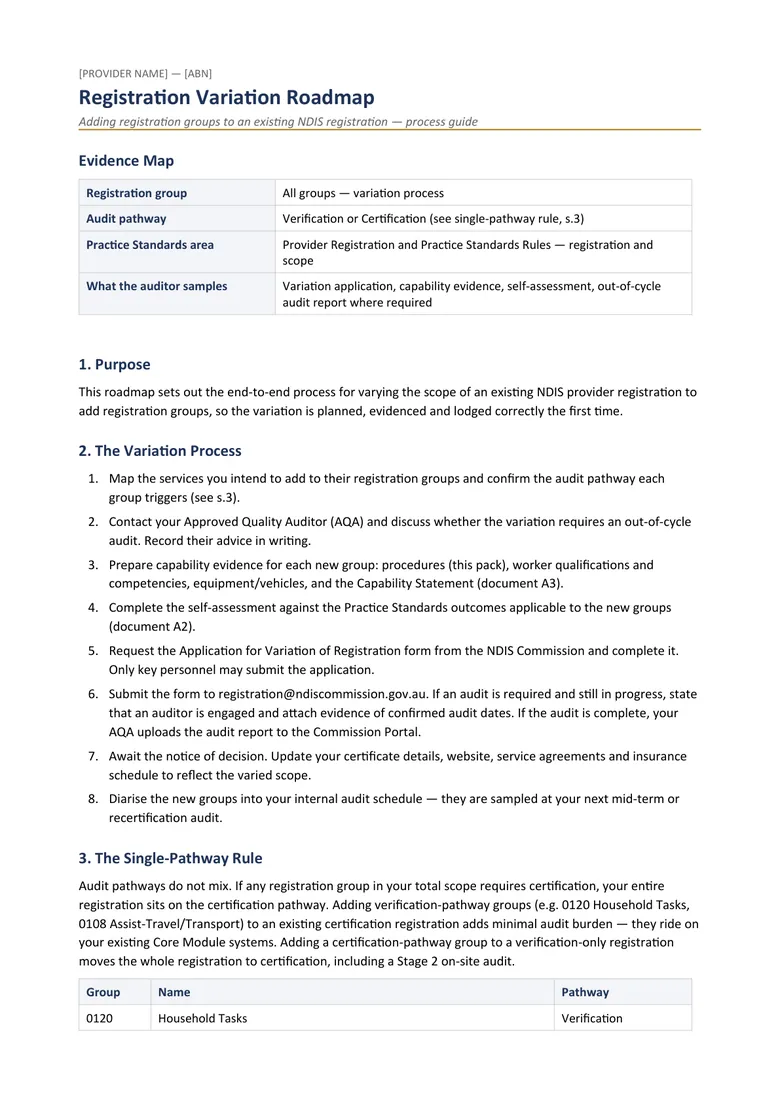 Registration variation roadmap — Registration Scope Completion Pack document sample