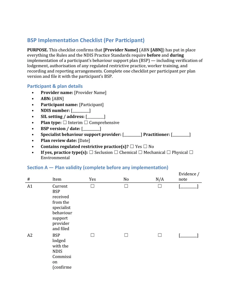 BSP implementation checklist — restrictive practices document sample