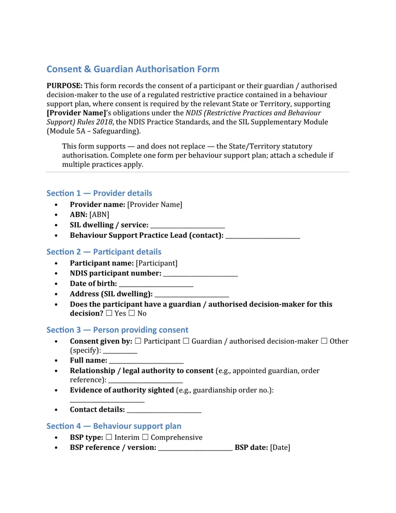 Consent and guardian authorisation form — restrictive practices document sample