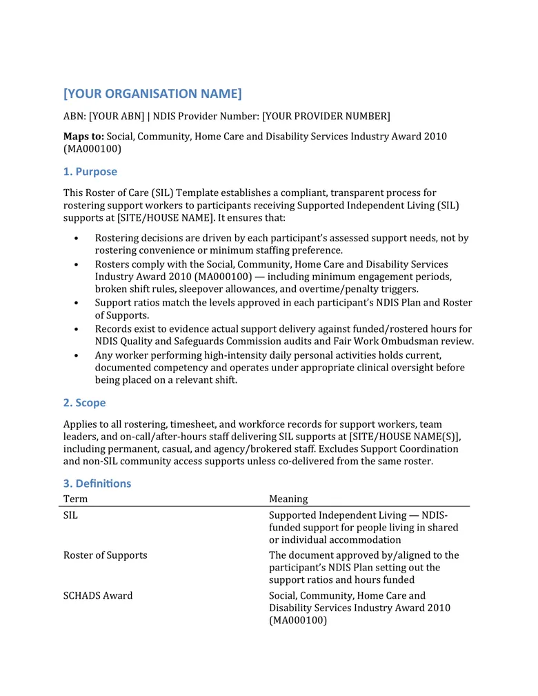 Roster of care — SIL — SDA Housing & Operations Kit document sample