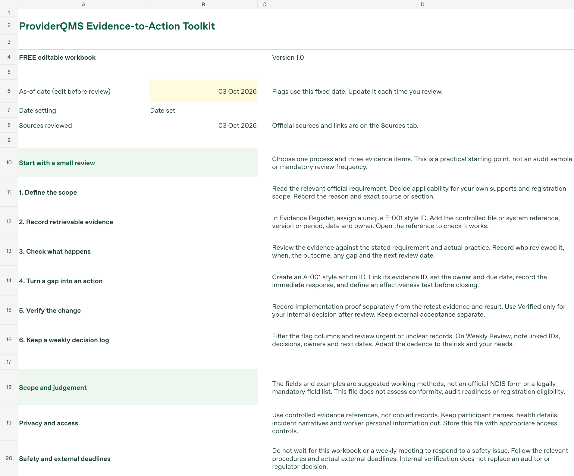 Evidence-to-Action Toolkit: instructions for evidence, corrective actions and weekly review
