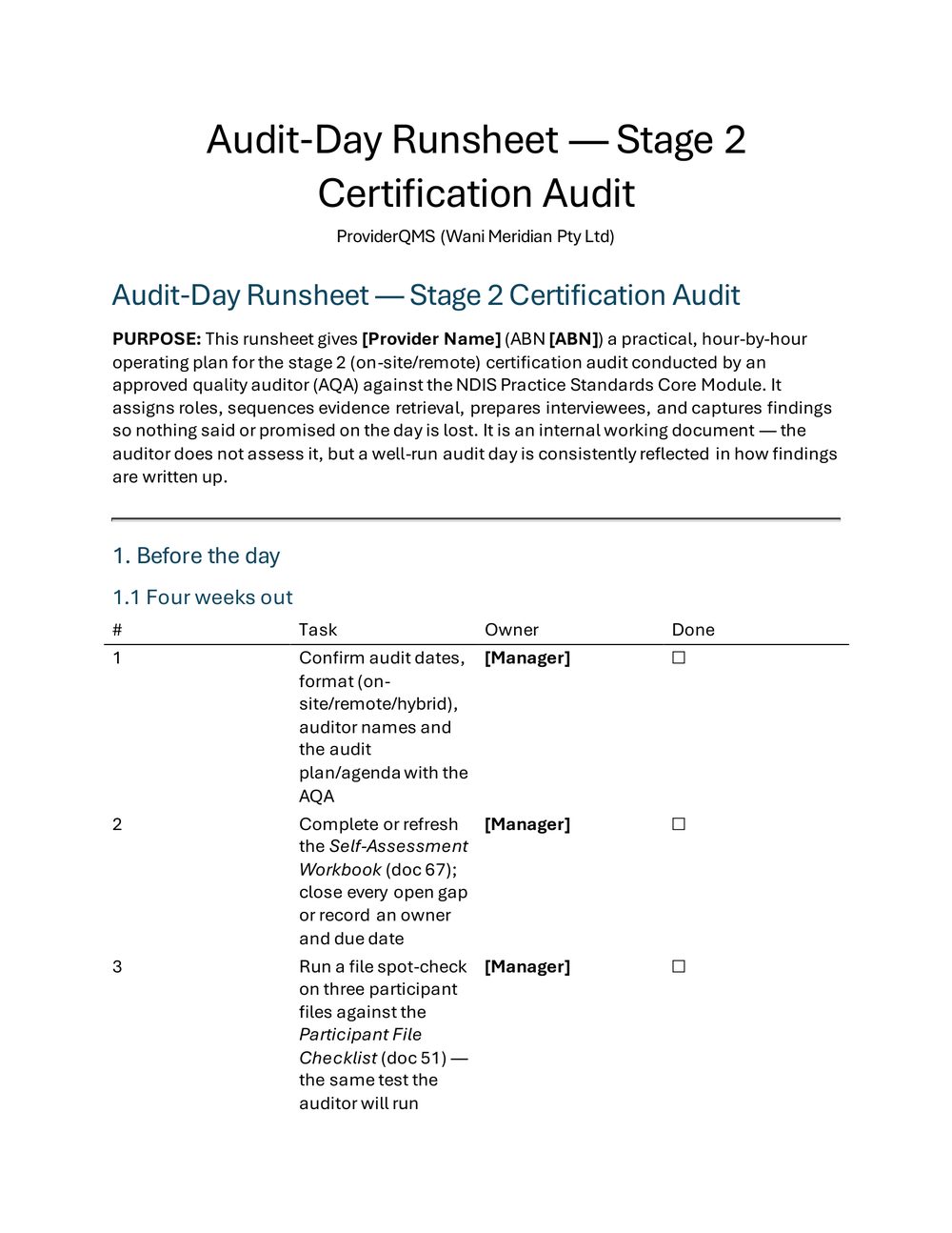 Audit Day Runsheet, page 1