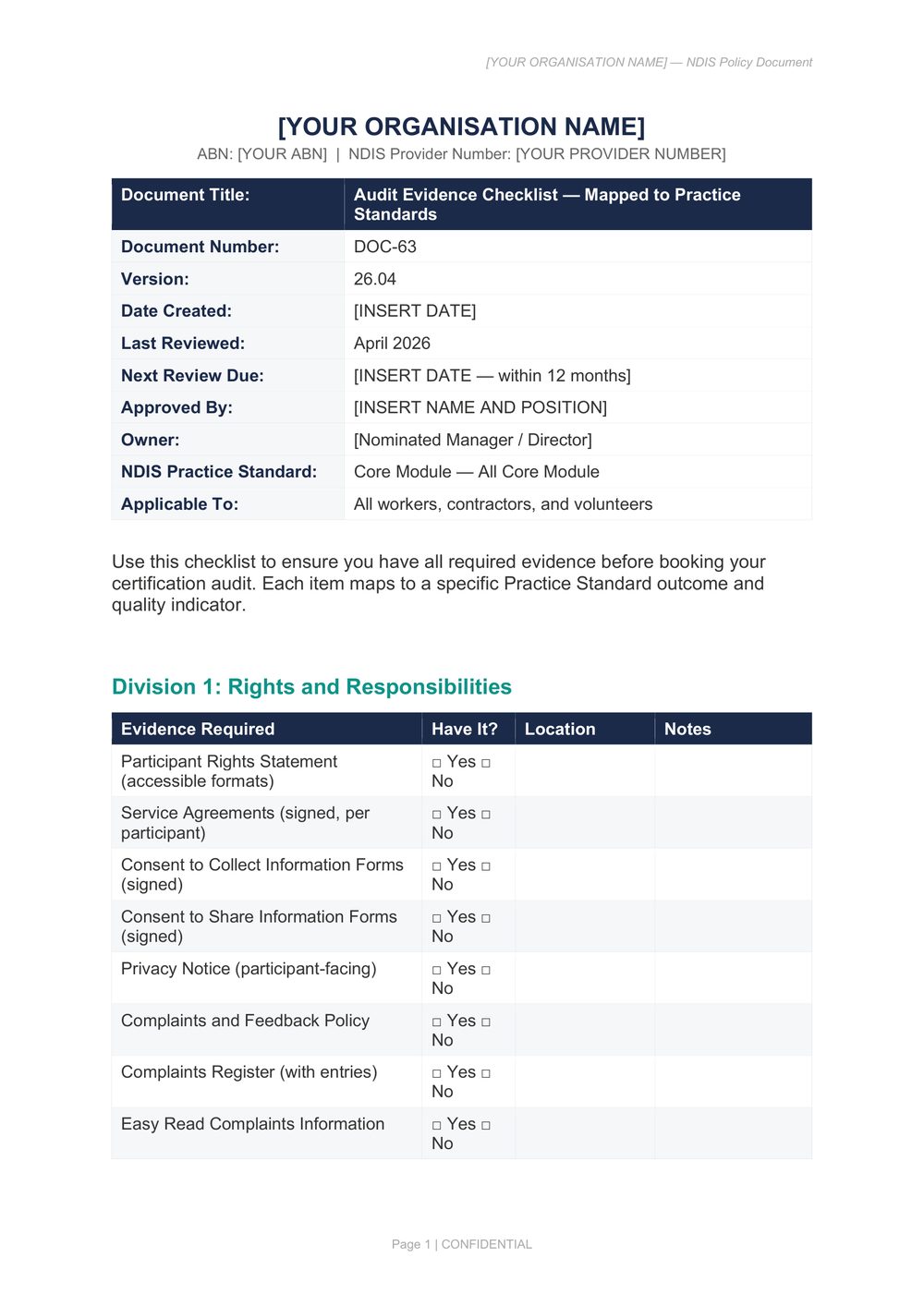 Audit Evidence Checklist, page 1