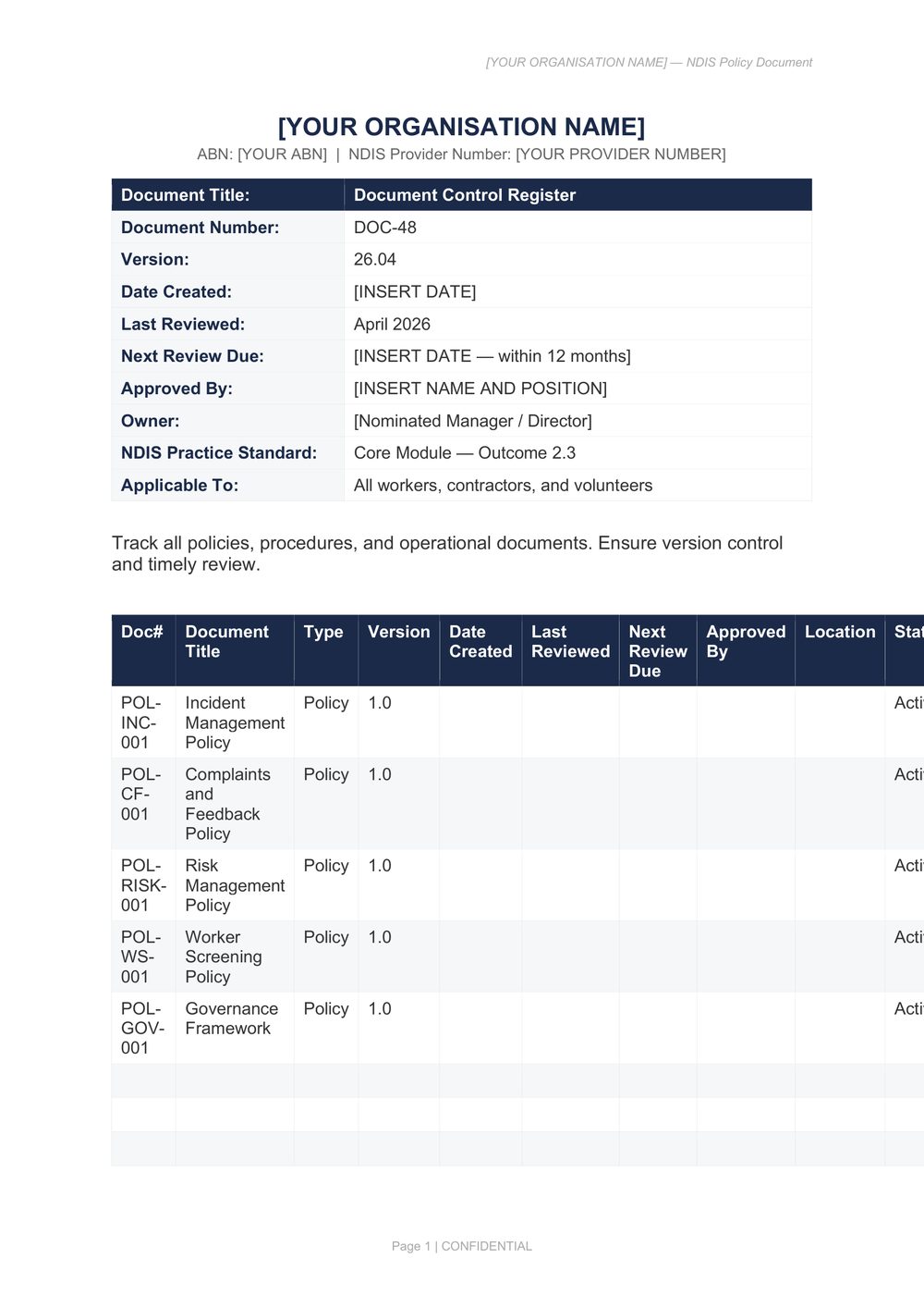 Document Control Register, page 1