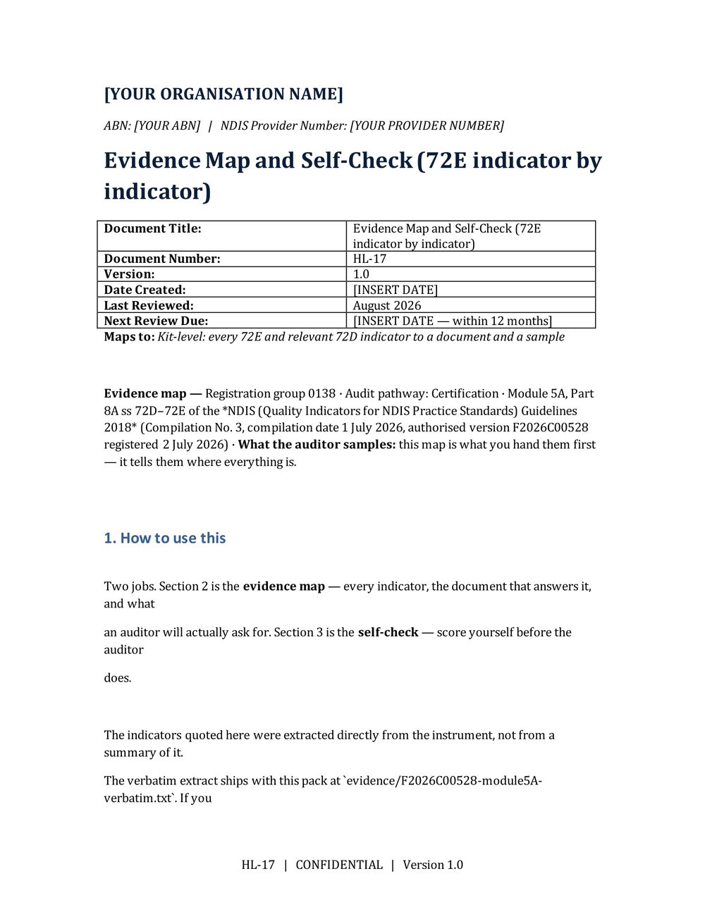 Evidence Map and Self-Check, page 1 - indicator by indicator