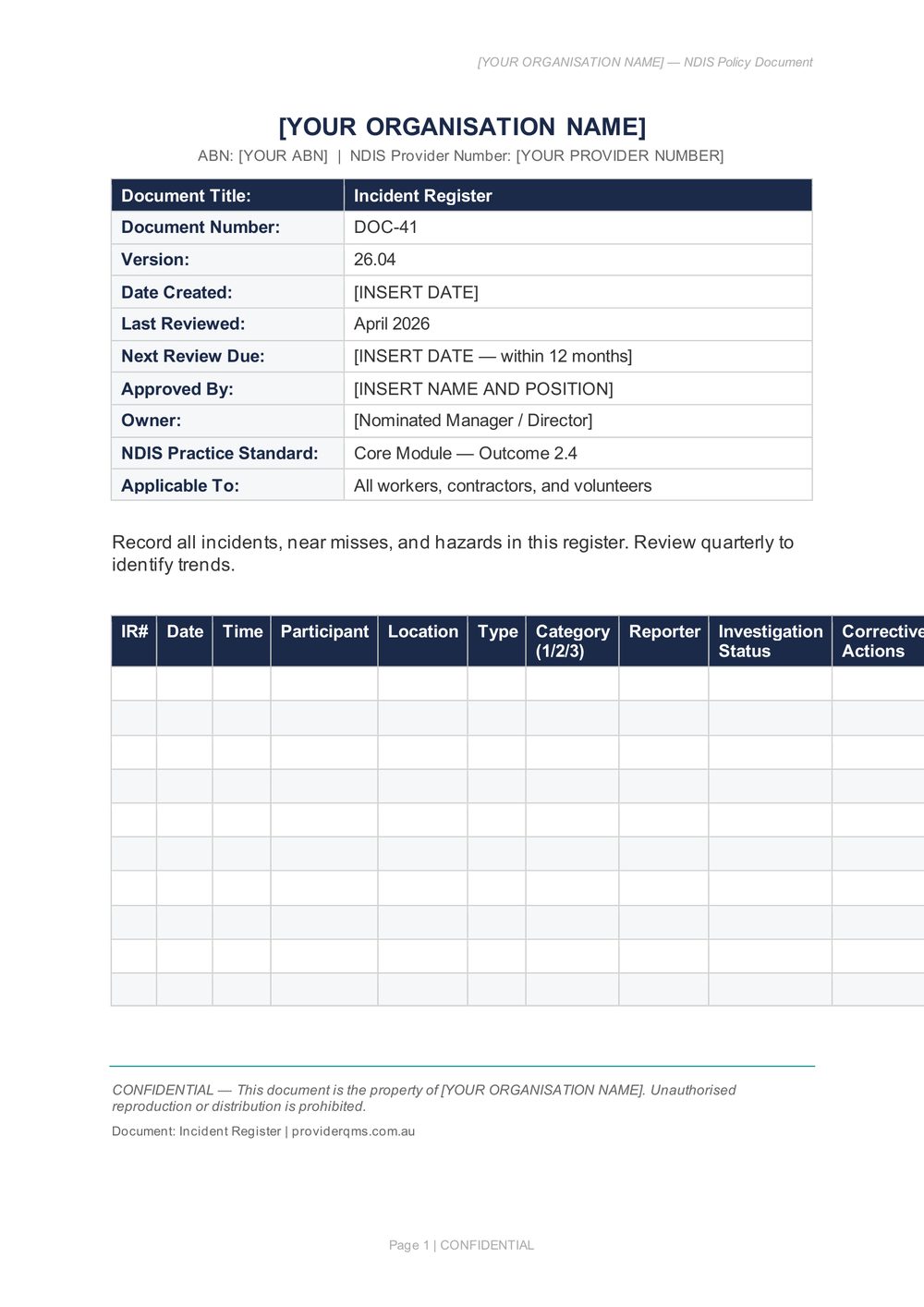 Incident Register, page 1 - the columns you fill in