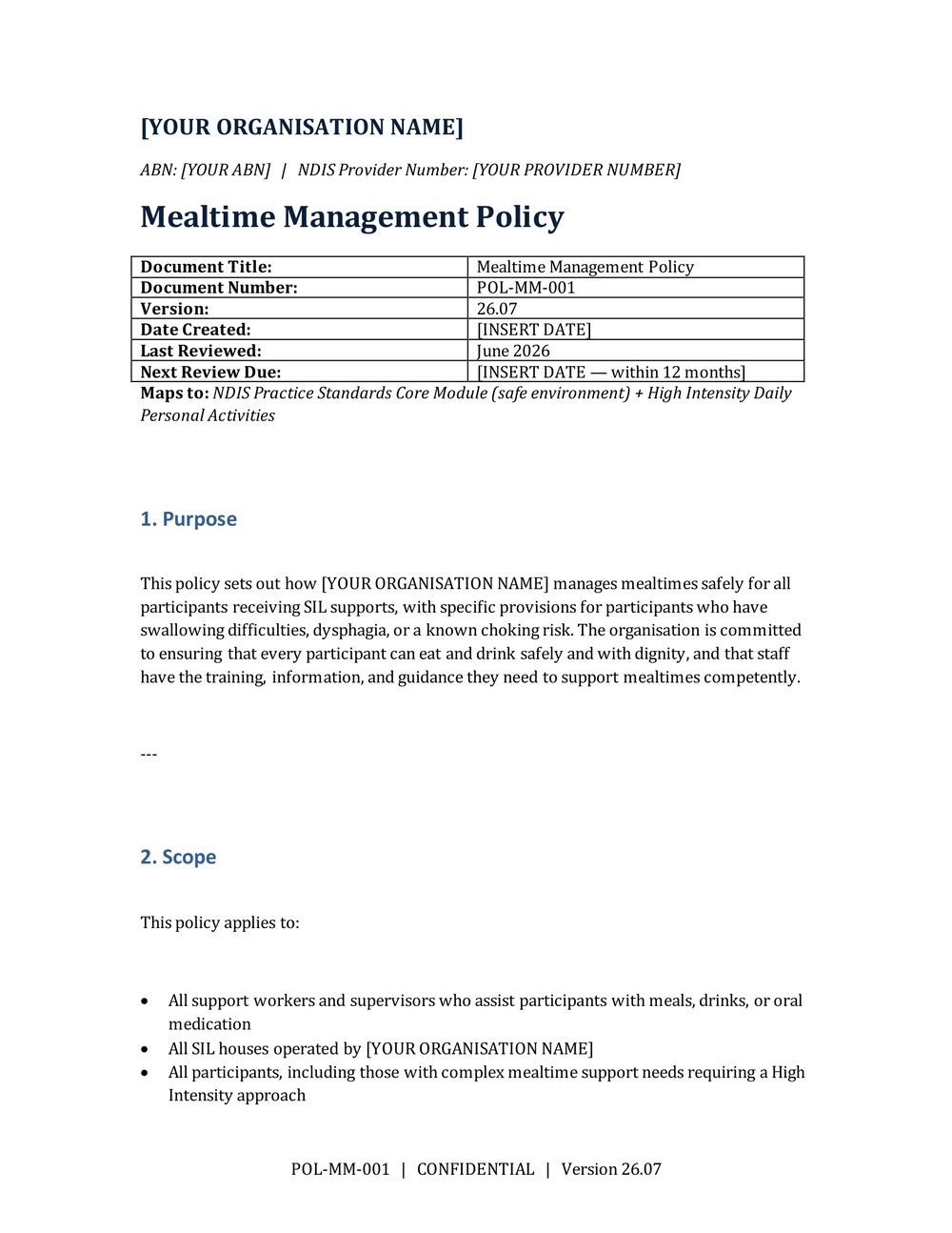 Mealtime Management Policy, page 1 - a Module 5A document