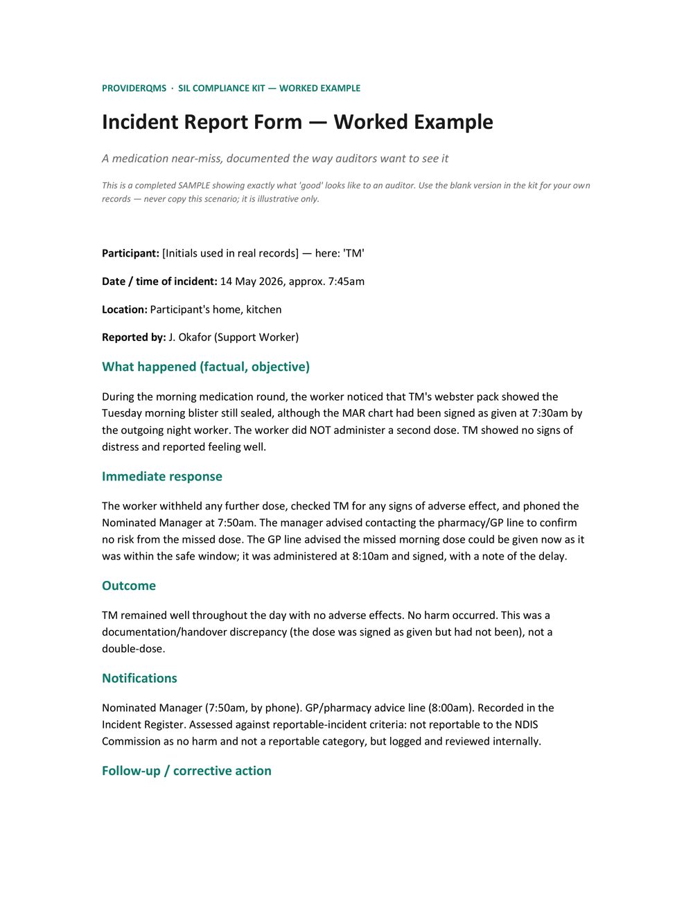 Worked example: an incident report filled in, page 1